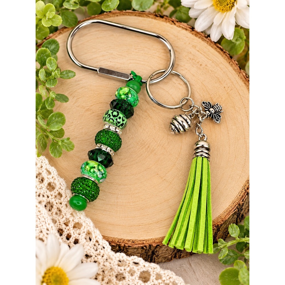 Green Beaded Keychain with Honeybee Beehive Charms and Lime Green Tassel D